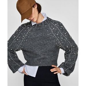 Zara cropped faux pearl sweater Large grey